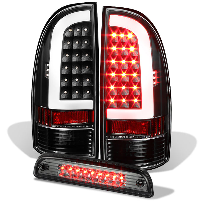 Black LED Tube Tail Lights For 2005-2015 Toyota Tacoma - 3D Bar Style Brake & Reverse Lamps