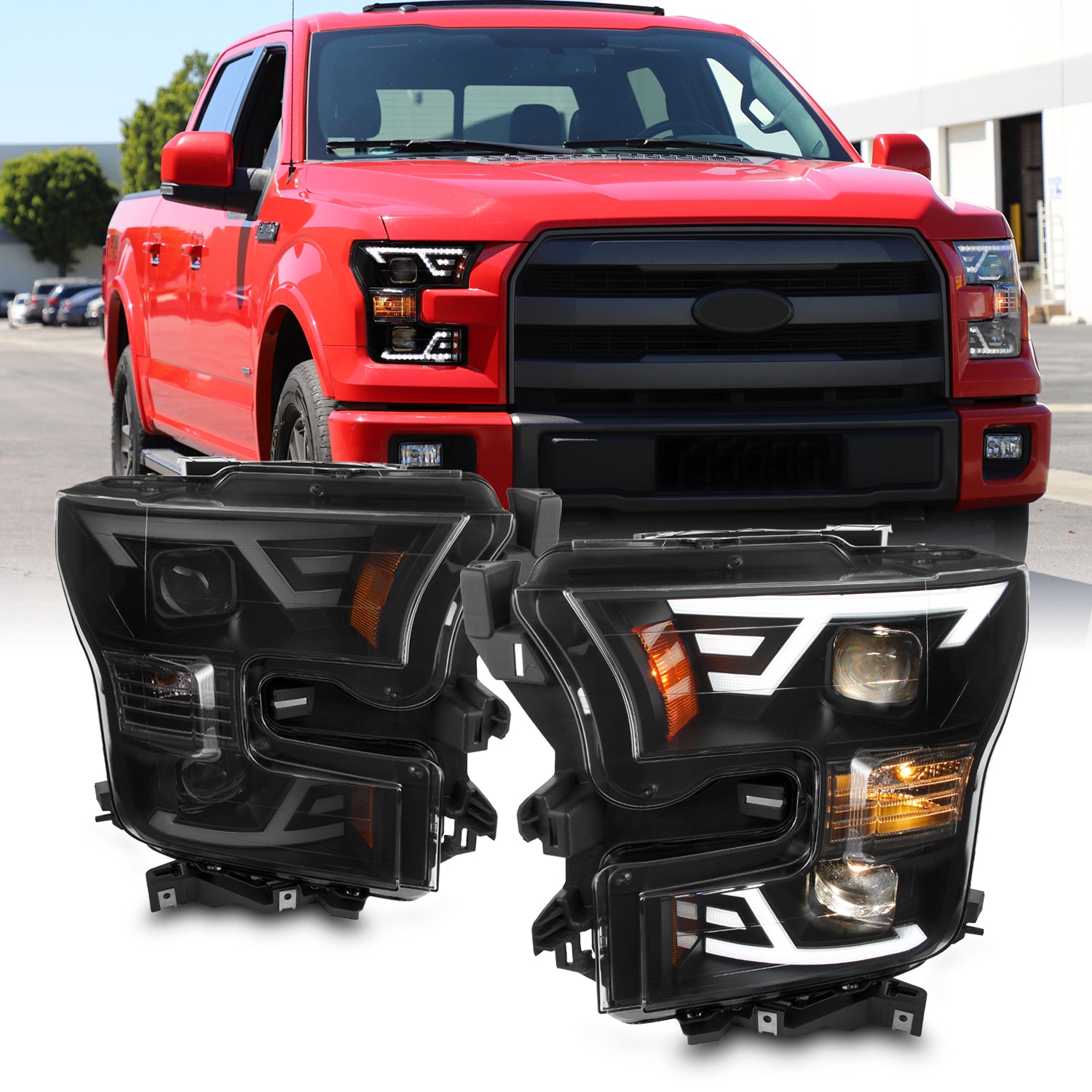 Black Headlights Set For 2015-2017 Ford F150 - Left & Right Halogen Headlamps (Not For LED Models)