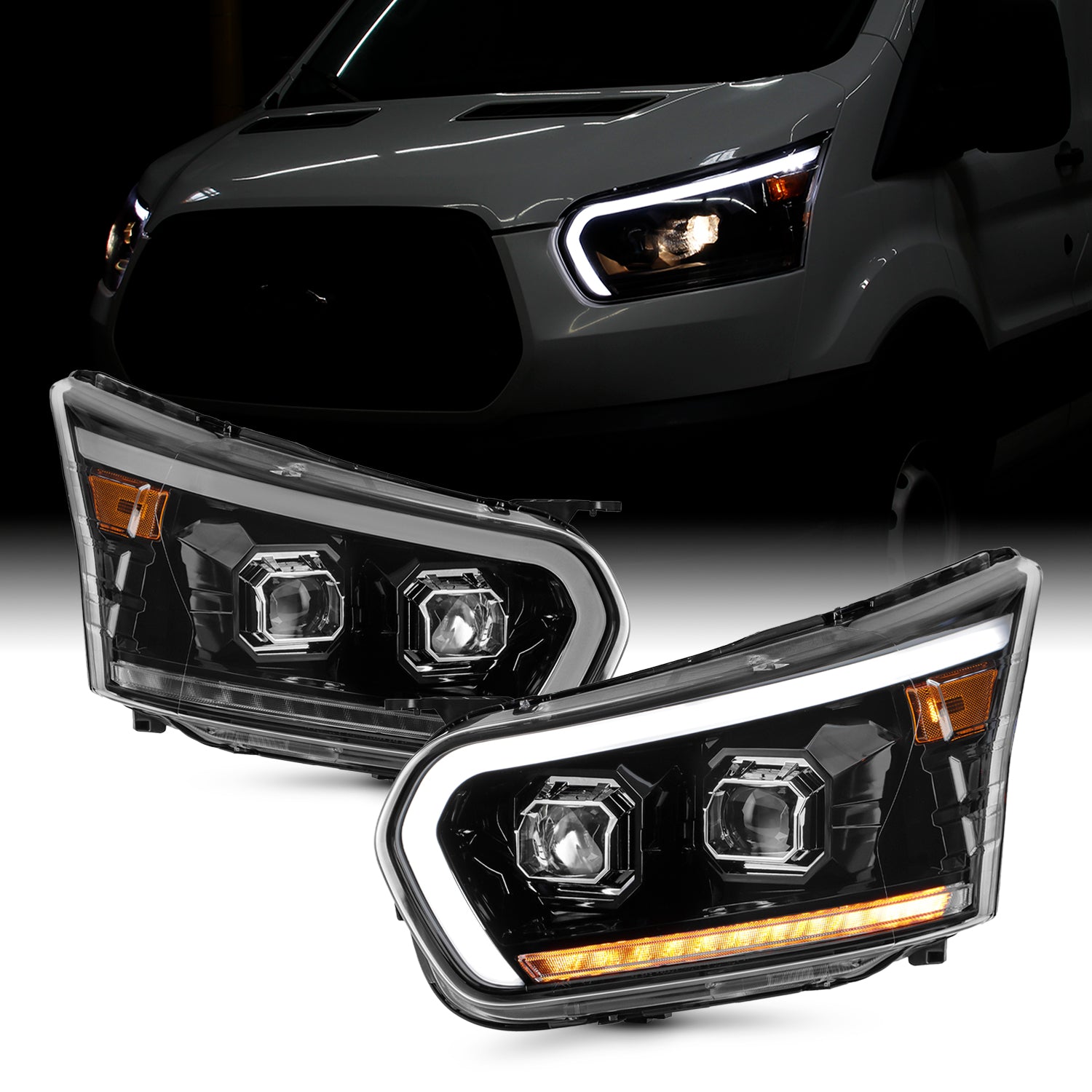 AKKON Fits 2015-2023 Ford Transit 150 250 350HD Projector Glossy Bla