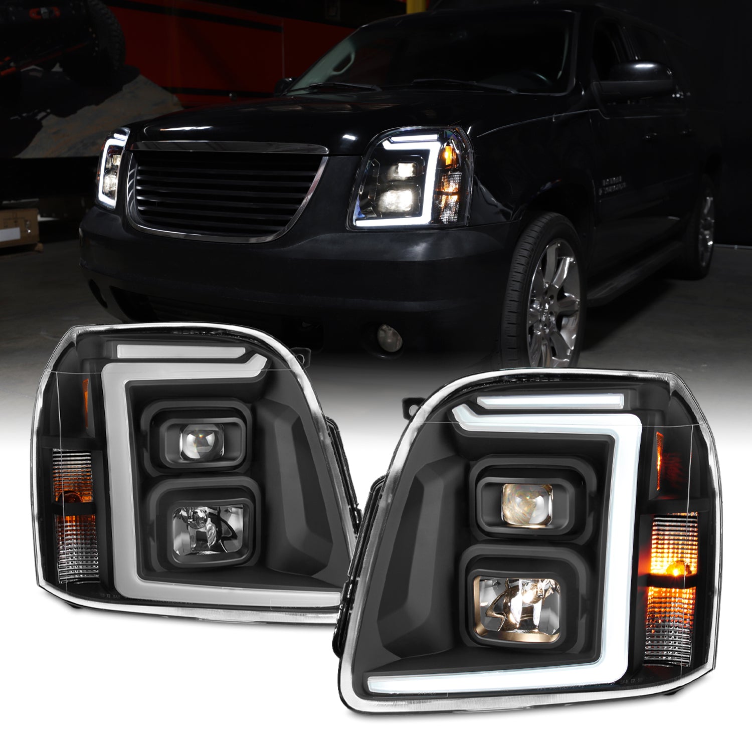 AKKON - Fits 2007-2014 GMC Yukon XL 1500 2500 [LED C-Tube DRL] Projector Black Headlights Headlamp Pair Driver+Passenger