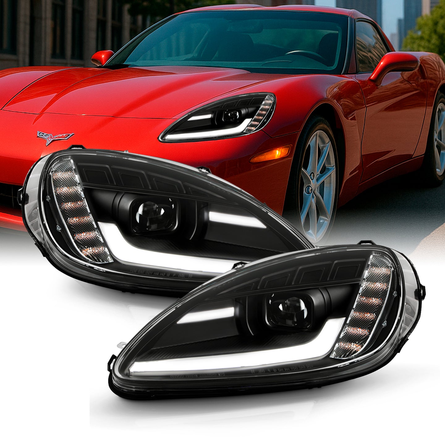 AKKON - Fit 2005-2013 Chevy Corvette C6 Switchback Sequential Signal LED Tube Running Projector Chrome Headlight Pair Left Right AKKON - Fit 2005-2013 Chevy Corvette C6 Switchback Sequential Signal LED Tube Running Projector Chrome Headlight Pair Left Right