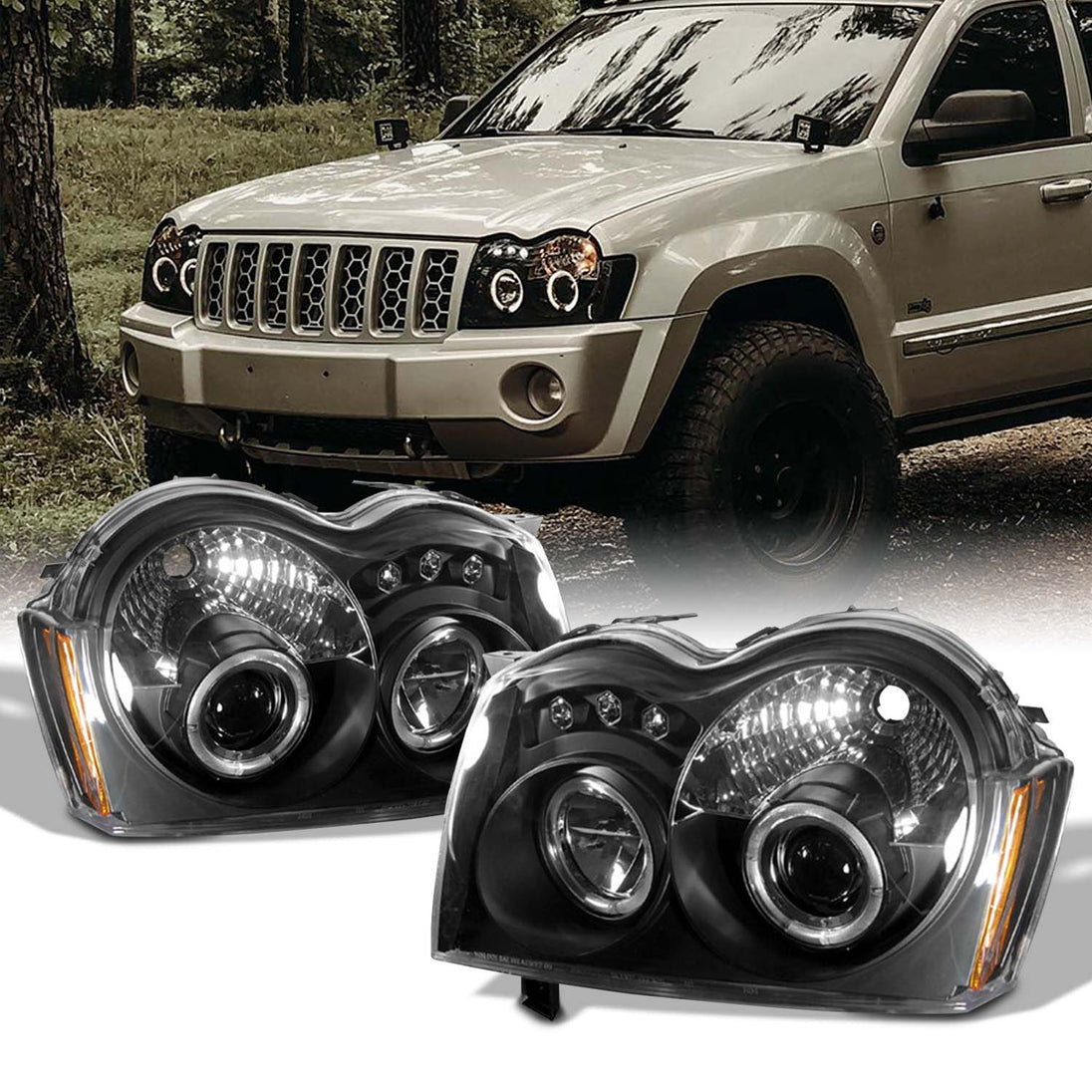 Jeep Grand Cherokee Signature Series LED Halo Projector Headlights Black Housing 5070166 Jeep Grand Cherokee Signature Series LED Halo Projector Headlights Black Housing 5070166